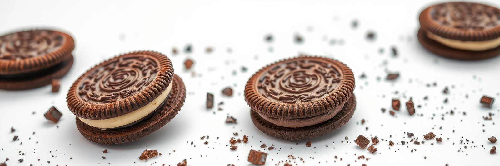 Delicious chocolate cookies arranged artfully on a white surface with crumbs for an appealing dessert display